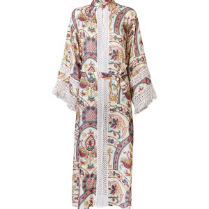 Raffaela D’Angelo Caftano lungo con passamaneria e frange  su fondo avorio