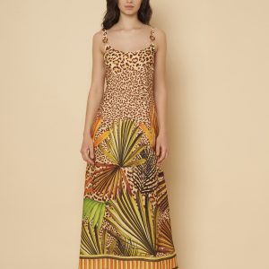 INDONESIA Abito in raso di poliestere in fantasia piazzata animalier e foliage