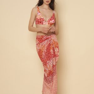 MALAWI Pareo rettangolare animalier con balza geometrica in voile di poliestere 100%