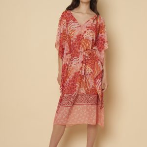 MALAWI Abito caftano in voile di poliestere 100% con stampa animalier