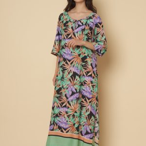 MIAMI Abito caftano lungo in tela di viscosa 100% in fantasia foliage e cornici sul fondo