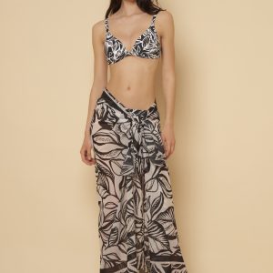 PORTOFINO Pareo rettangolare con stampa foliage Black & White e balze in voile di poliestere 100%