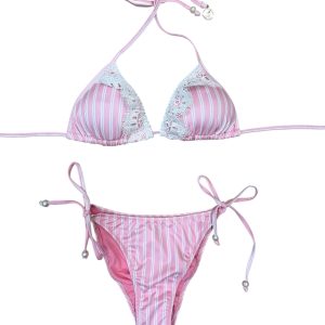 4Giveness Bikini triangolo righe verticali rosa baby+pizzo