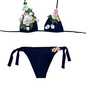 Raffaela D’Angelo Bikini Triangolo blu con fiori macramè