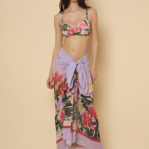 THAILANDIA Pareo rettangolare color glicine con balza floreale hibiscus e cornici colorate in voile di poliestere 100%