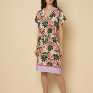 THAILANDIA Abito in tela di viscosa 100% in fantasia piazzata floreale hibiscus e cornici sul fondo