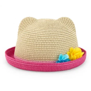 Cappello di rafia beige per bambina con bordo rosa e orecchie